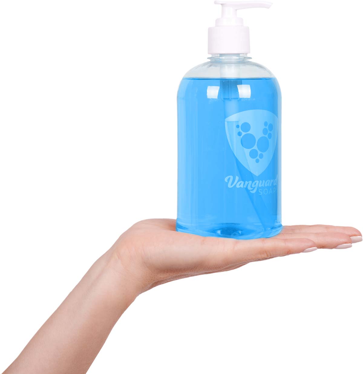 hand holding liquid soap bottle with Vanguard Soap logo