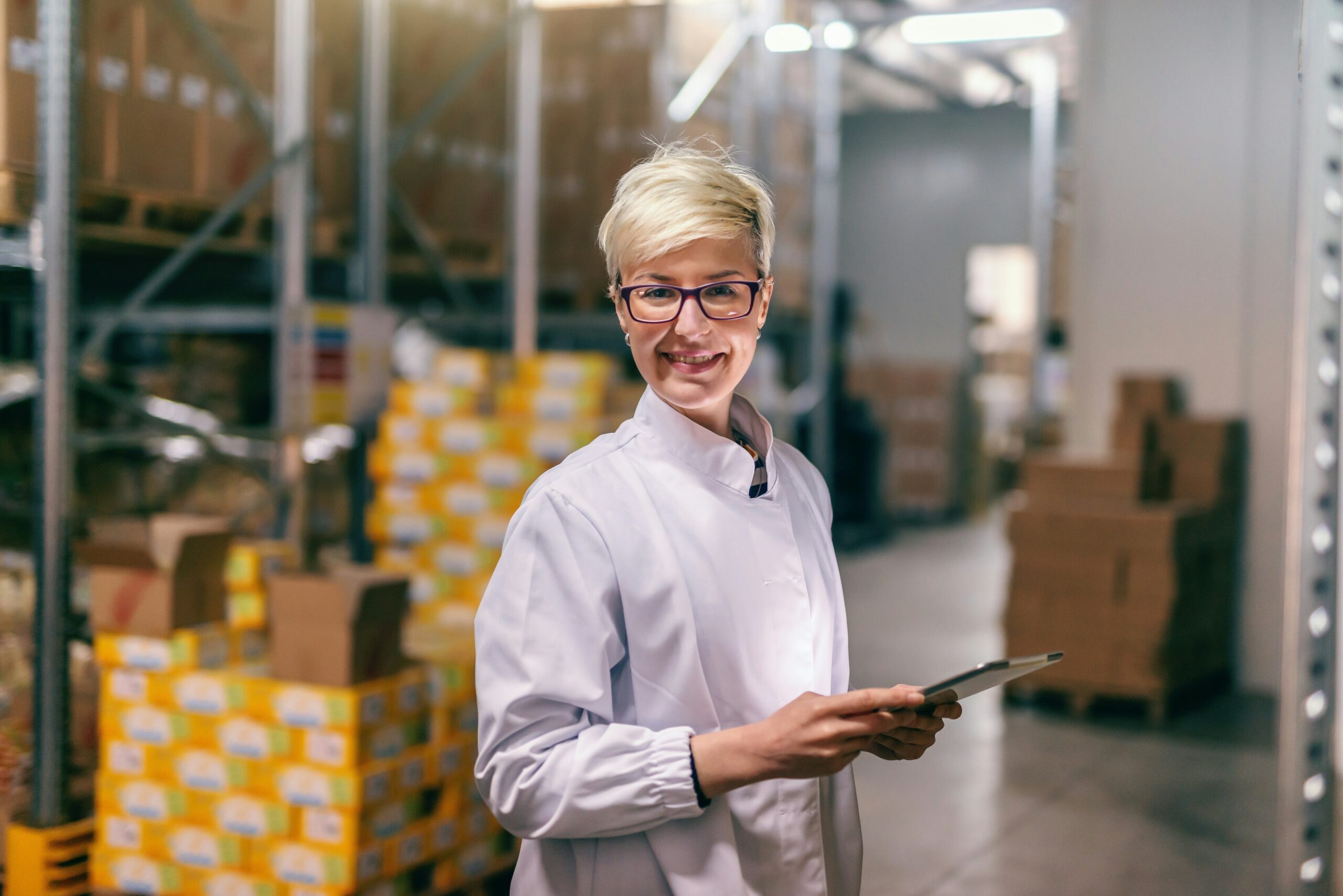 Packaging staff member smiling while working in a distribution warehouse.