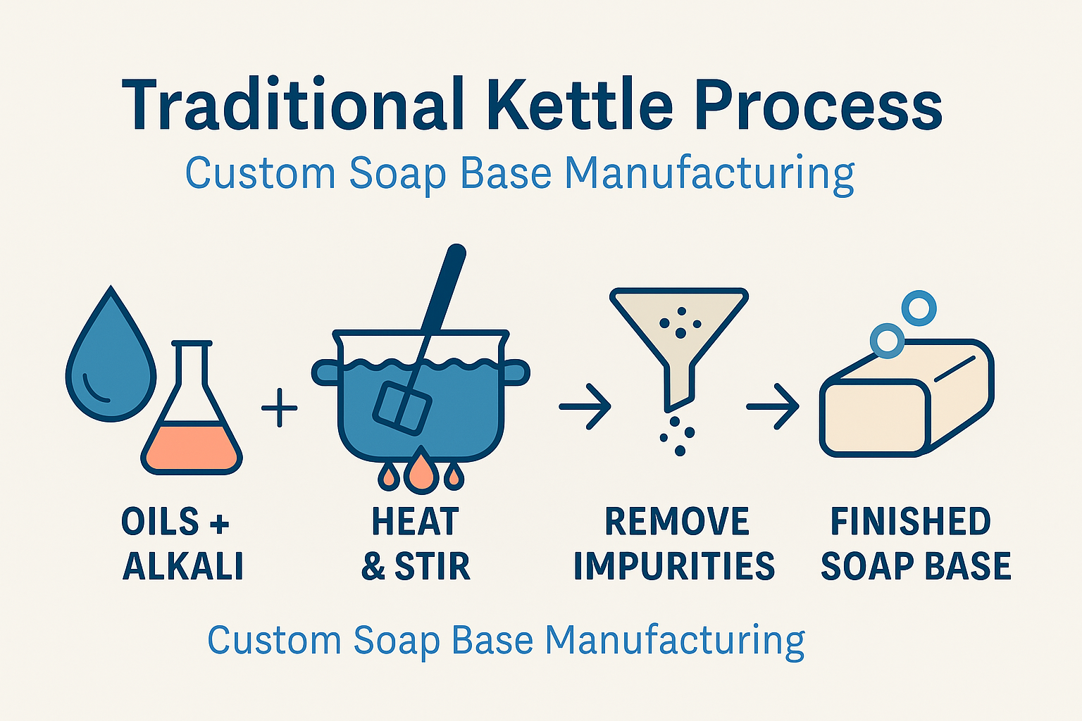 Traditional Kettle Process for Custom Soap Base Manufacturing Infographic illustrating the traditional kettle process for custom soap base manufacturing, showing steps from mixing oils and alkali to producing finished soap