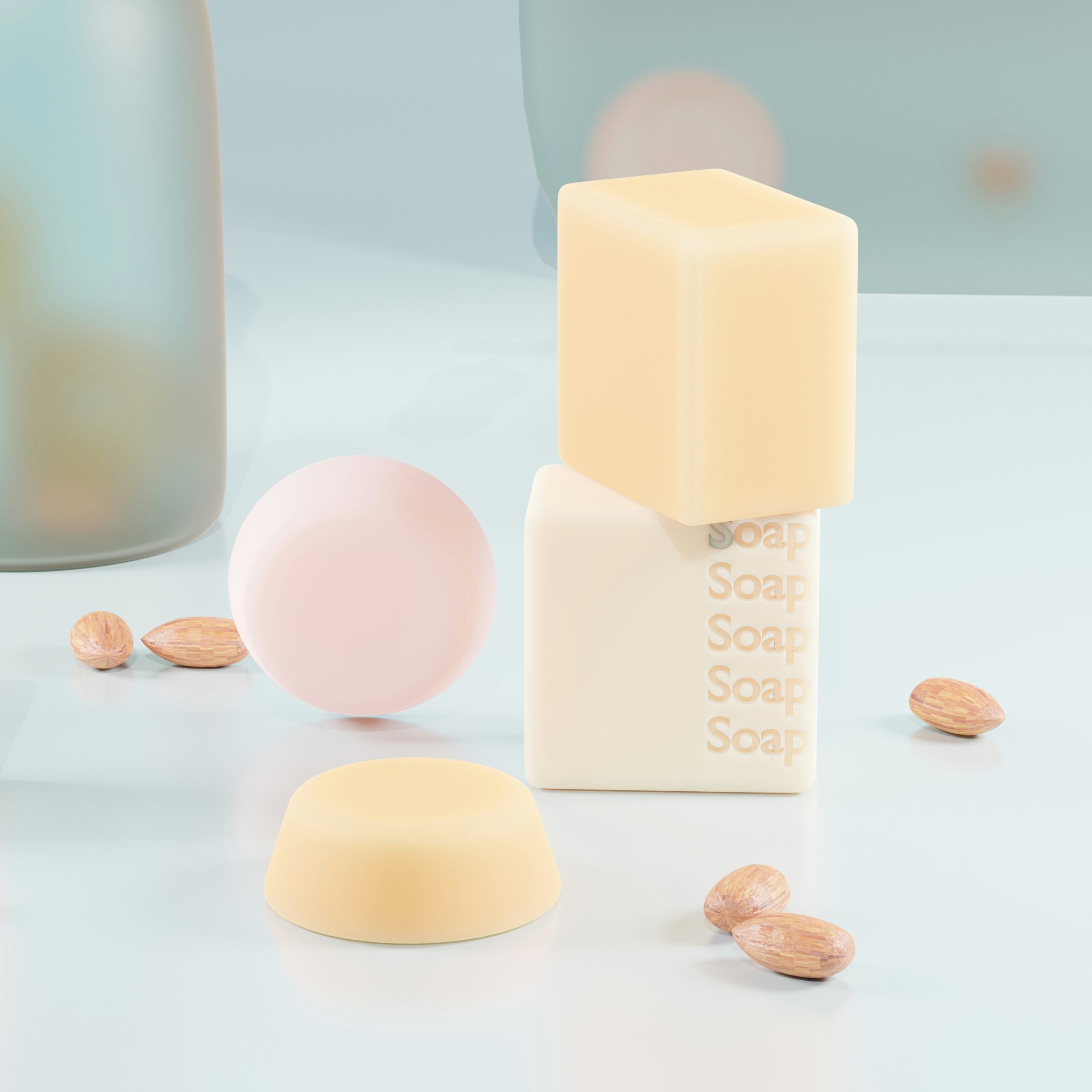Modern pastel bar soaps in various shapes with almonds, highlighting customizable private label soap design