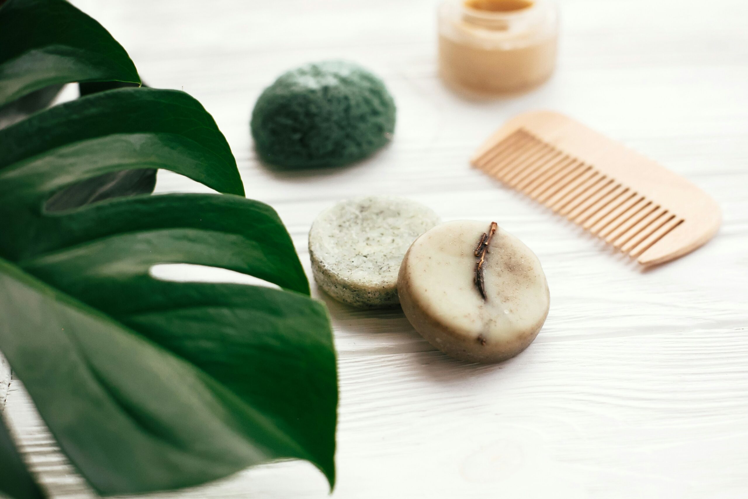 Natural solid soap and shampoo bars with botanical elements and wooden comb
